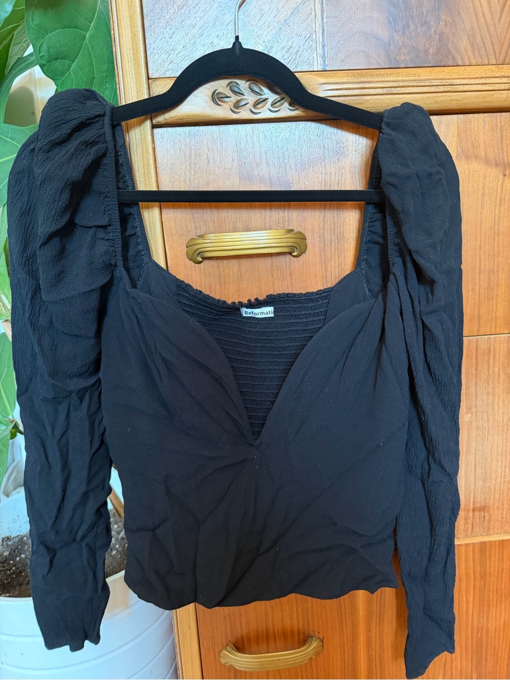 Reformation Black Puff-Sleeve V-Neck Blouse